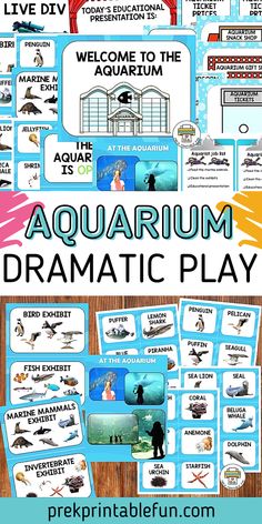 a poster with the words aquarium dramatic play on it and pictures of different types of animals