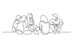 one continuous line drawing of three people sitting on the floor playing guitar and singing to each other