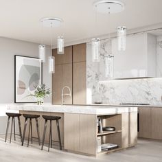 a kitchen with marble counter tops and stools next to an island in the middle