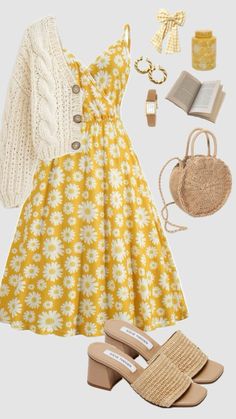 Summer Church Outfit, Aesthetic Cardigan, Woman Tips, Church Outfit, Beauty Aesthetic, Sundress Dress, Dress Yellow