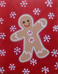 a painting of a gingerbread man with snowflakes on it's red background