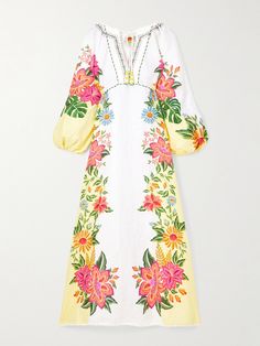 Farm Rio's 'Bloom Garden' maxi dress allows you to bring a bit of the tropics with you wherever you go. Made from breathable linen, it's embroidered with beautiful flowers and has a knit-trimmed neckline that fastens with beaded, tasseled ties. The blouson sleeves and floaty hem add pretty volume. Spring Embroidered Beachwear Maxi Dress, White Floral Embroidered Beachwear Dress, White Tropical Maxi Dress, Designer Hair Accessories, Garden Dress, Linen Maxi Dress, Linnet, Cotton Maxi, Embroidery Fashion