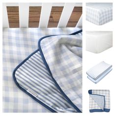 baby bedding set with blue and white checkered sheets