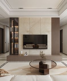 an elegant living room with marble walls and flooring, including a glass coffee table