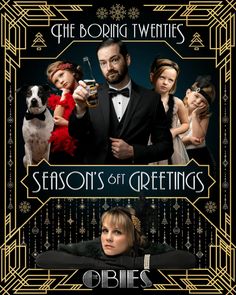 the poster for season's greetings with two people in tuxedos and a dog