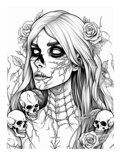 a drawing of a woman with skulls and roses on her face, in black and white