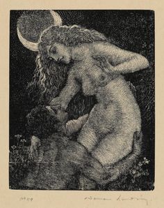 a drawing of a naked man sitting on the ground with a moon above his head