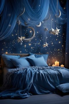 Medium-sized Dark Boho Bedroom with a Sky Blue & White Color Scheme, featuring Cloud Motif, Hanging Stars, and Skyline Art, creating a refreshing and dreamy atmosphere. Stars Bedroom Decor, Dark Blue Themed Bedroom, Night Sky Themed Bedroom, Night Sky Bedroom Aesthetic, Dreamy Bedroom Aesthetic, Star Theme Bedroom, Star Themed Room Aesthetic, Celestial Boho Bedroom, Sky Bedroom Theme