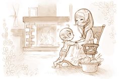 a drawing of a woman sitting next to a child on a chair in front of a fireplace