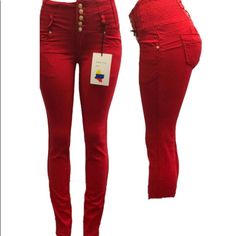 Brand New Stretch Push Up Colombian Skinny Jeans...83%Cotton,14%Polyester,3% Spandex...Rise:11” Red High Waist Bottoms With Button Closure, Red High-waist Bottoms With Button Closure, Trendy Red Bottoms With Button Closure, Jean Color, Red High, Colored Jeans, Push Up, High Waist, Women Jeans