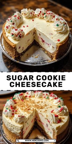 This Easy Sugar Cookie Cheesecake is a holiday showstopper! Sweet, creamy, and topped with festive sugar cookie pieces, it’s a decadent treat that will shine on your dessert table. Sugar Cookie Cheesecake Recipe, Christmas Sugar Cookie Cheesecake, Sugar Cookie Cheesecake Bars, Sugar Cookie Cheesecake, Cookie Cheesecake, Sugar Cookie Crust, Rich Cake, Candy Cakes, Easy Sugar Cookies