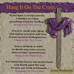 a cross with purple ribbons hanging from it's sides and the words hang on the cross