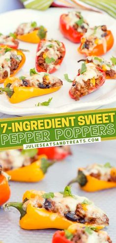 several stuffed peppers on a white plate with the title overlay reading 7 - ingredient sweet pepper