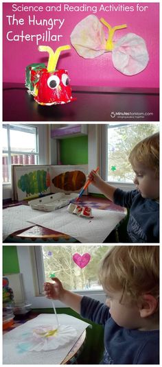 a child is painting on paper with the words science and reading activities for caterpillar