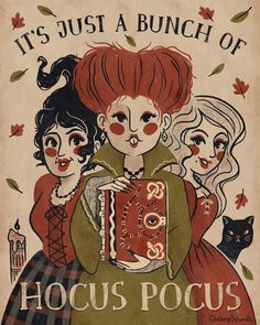 an old poster with three girls and a cat on it's back, says it's just a bunch of hoccus pocuss