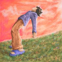 a drawing of a person standing on a skateboard in the middle of a field