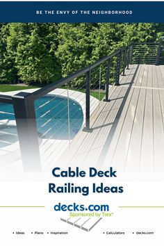 a brochure for cable deck railing ideas decks com, featuring an above ground swimming pool