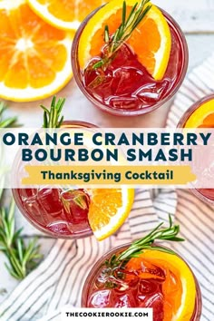 three orange cranberry bourbon smash cocktails with rosemary garnish on top