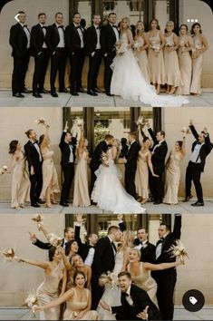 a group of people standing next to each other in front of a building and posing for pictures