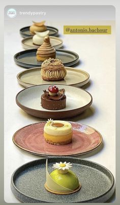 a row of plates with different types of desserts on them and the words trendy pastry at bottom