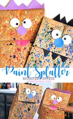 paper bag puppets made to look like monsters with paint splatters on their faces