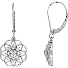 14 Karat White Gold Diamond Granulated Filigree Flower Earrings Feature 0.20 Carat Total Weight of Round Brilliant Diamonds. Lever Backs. Diamond Dangle Earrings, Filigree Earrings, Leverback Earrings, Diamond Flower, Diamond Fashion, Fine Jewelry Gift, Matching Necklaces, Round Earrings, White Gold Diamonds