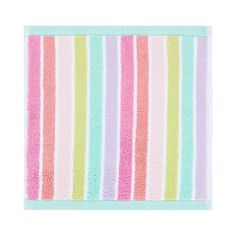 a multicolored rug with stripes on the bottom and bottom in pink, blue, green