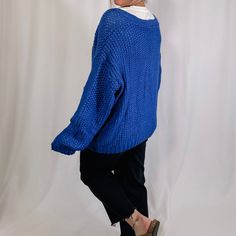 Get ready to cozy up with our Chunky Sweater Cardigan! This royal blue beauty is not only oversized and chunky knit, but it also features a convenient button up design. Perfect for bundling up and adding a pop of color to your outfit. (Go ahead, make a statement!) Also, perfect for gamedays if your team color is blue! Fabric: 100% acrylic I am wearing the size large - This cardigan is fitting oversized. If you are between sizes, you could size down. Stats: height: 5'7 - bust: 37 - waist: 34 - hi Trendy Blue Sweater For Cold Weather, Blue Cable Knit Outerwear For Fall, Blue Chunky Knit Sweater For Cold Weather, Spring Blue Chunky Knit Outerwear, Oversized Blue Sweater For Cold Weather, One Size Blue Trendy Cardigan, Trendy Blue Soft Knit Cardigan, Blue Textured Knit Outerwear, Trendy Blue One Size Cardigan