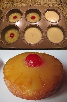 a pineapple and cupcake in a muffin tin