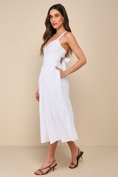 Strolling Sicily White Pleated Backless Midi Dress With Pockets White Midi Length Backless Dress For Summer, White Backless Midi Dress For Summer, White Backless Summer Midi Dress, White Midi Length Backless Summer Dress, White V-neck Midi Dress With Smocked Back, Backless Midi Dress, Wedding Top, Engagement Outfits, Midi Dress Sleeveless