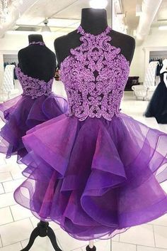 Prom Dresses Short Purple, Formal Homecoming Dresses, Purple Homecoming Dress, Purple Tulle, Organza Lace, Mini Prom Dresses, Mini Homecoming Dresses, Tulle Homecoming Dress, Purple Dresses