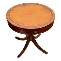 a small wooden table with two legs and a round top on an oval base,