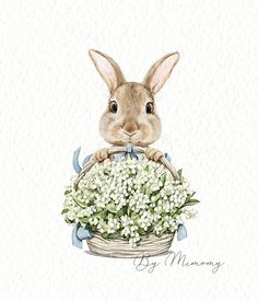 a watercolor painting of a rabbit sitting in a basket with baby's breath flowers