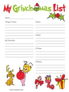 the grinch christmas list is shown in red and green, with cartoon characters around it