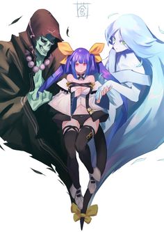 two anime characters one with blue hair and the other wearing black clothes, are sitting next to each other