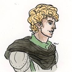 a drawing of a man with blonde hair wearing a green shirt and black shawl