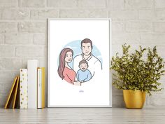 a family portrait is displayed on a shelf next to books and a potted plant