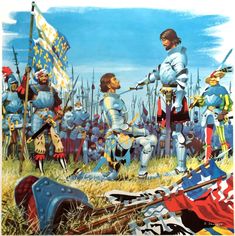 an illustration of the battle between two men in armor and one is holding a flag