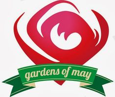 the gardens of may logo is shown in red and green with a ribbon around it