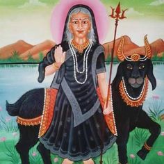 a painting of a woman standing next to a black goat in front of a body of water