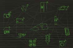 an image of various electronic devices connected to each other on a black background with green lines