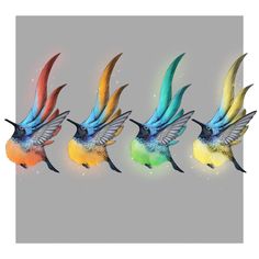 three colorful birds flying in the air with their wings spread out and one bird has blue, green, red, yellow, and orange feathers