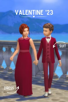 a couple dressed in red standing next to each other