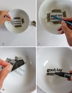 four pictures showing how to decorate a bowl with the words good day sunshine on it