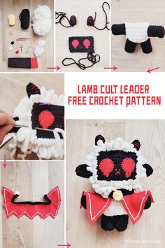 crochet pattern for a lamb headband with red eyes and bow tie on it