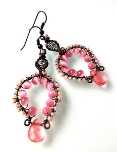 Beadwork Earrings, Wrapped Earrings, Earrings Bohemian, Wire Wrapped Earrings, Bohemian Earrings, Wire Earrings, Pink Opal, Simple Jewelry, Gorgeous Necklaces