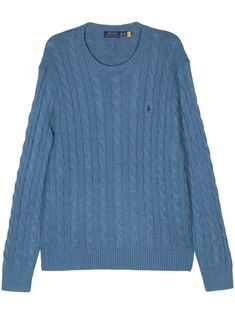 cerulean blue cotton cable knit signature Polo Pony motif round neck drop shoulder long sleeves ribbed cuffs and hem straight hem Blue Knit Sweater With Ribbed Cuffs, Blue Cable Knit Sweater With Crew Neck, Blue Cable Knit Crew Neck Sweater, Classic Blue Crew Sweater, Classic Blue Crew Neck Sweater, Casual Blue Sweater With Ribbed Collar, Classic Blue Ribbed Sweater, Classic Blue Sweater With Ribbed Cuffs, Classic Blue Cable Knit Top