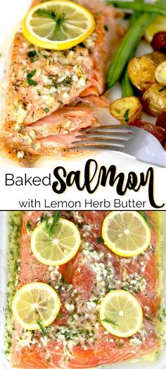 baked salmon with lemon herb butter on a plate