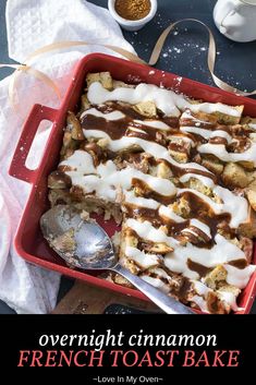 a red casserole dish with cinnamon french toast bake in it on a table