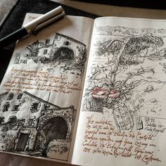 an open notebook with some drawings on it